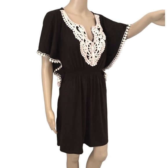 Y2K Bohemian Dress M Jersey Knit Flowy Woodland Fairy Crochet Dolman Sleeves - Picture 8 of 16